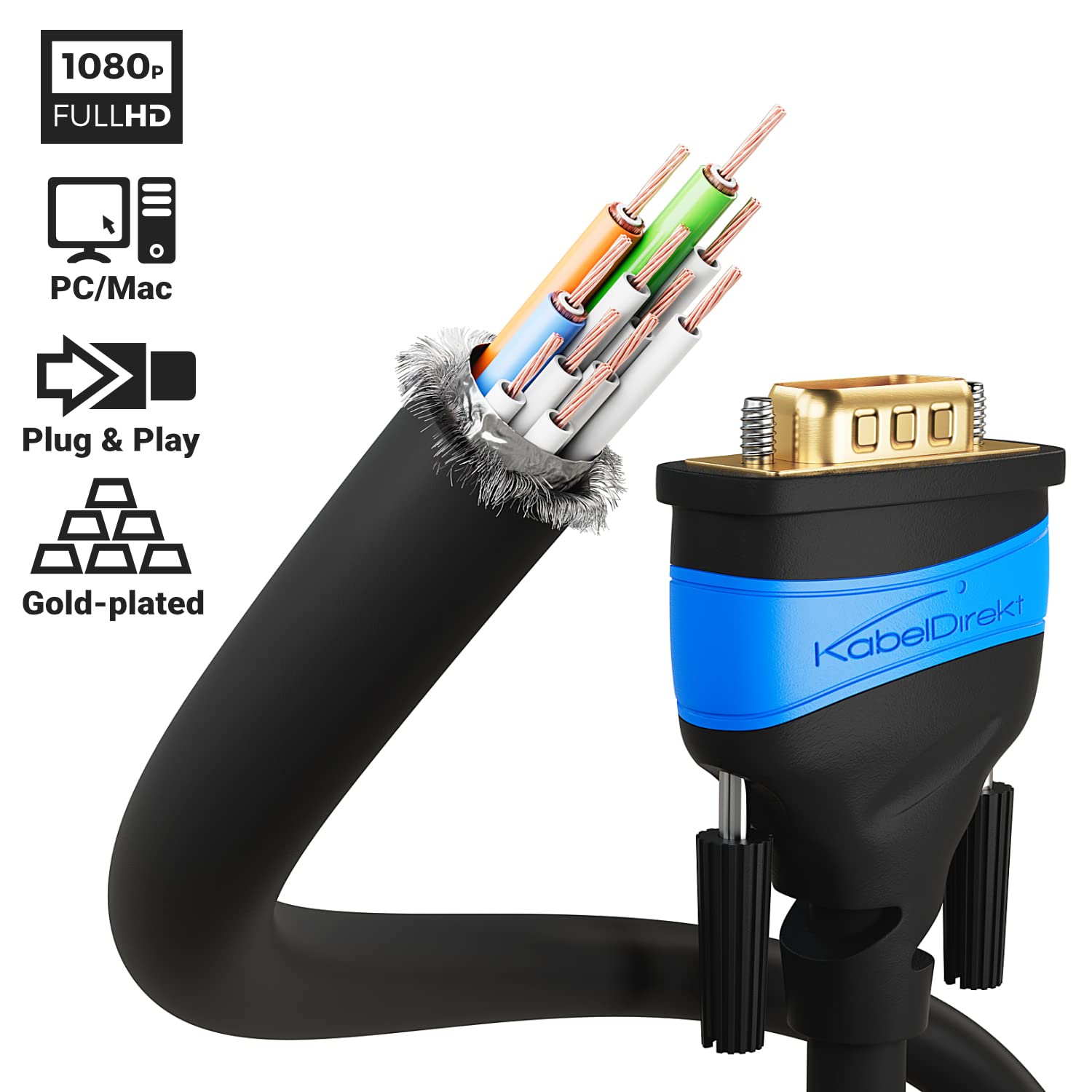 كابل دايركت – 10م – كابل VGA (15 دبوس، دقة عالية كاملة/1080p، جاهز للـ 3D، موصلات VGA ذكر إلى VGA ذكر، يربط أجهزة الكمبيوتر بالشاشات/شاشات CRT/التلفزيونات، موصلات مطلية بالذهب، أسود)