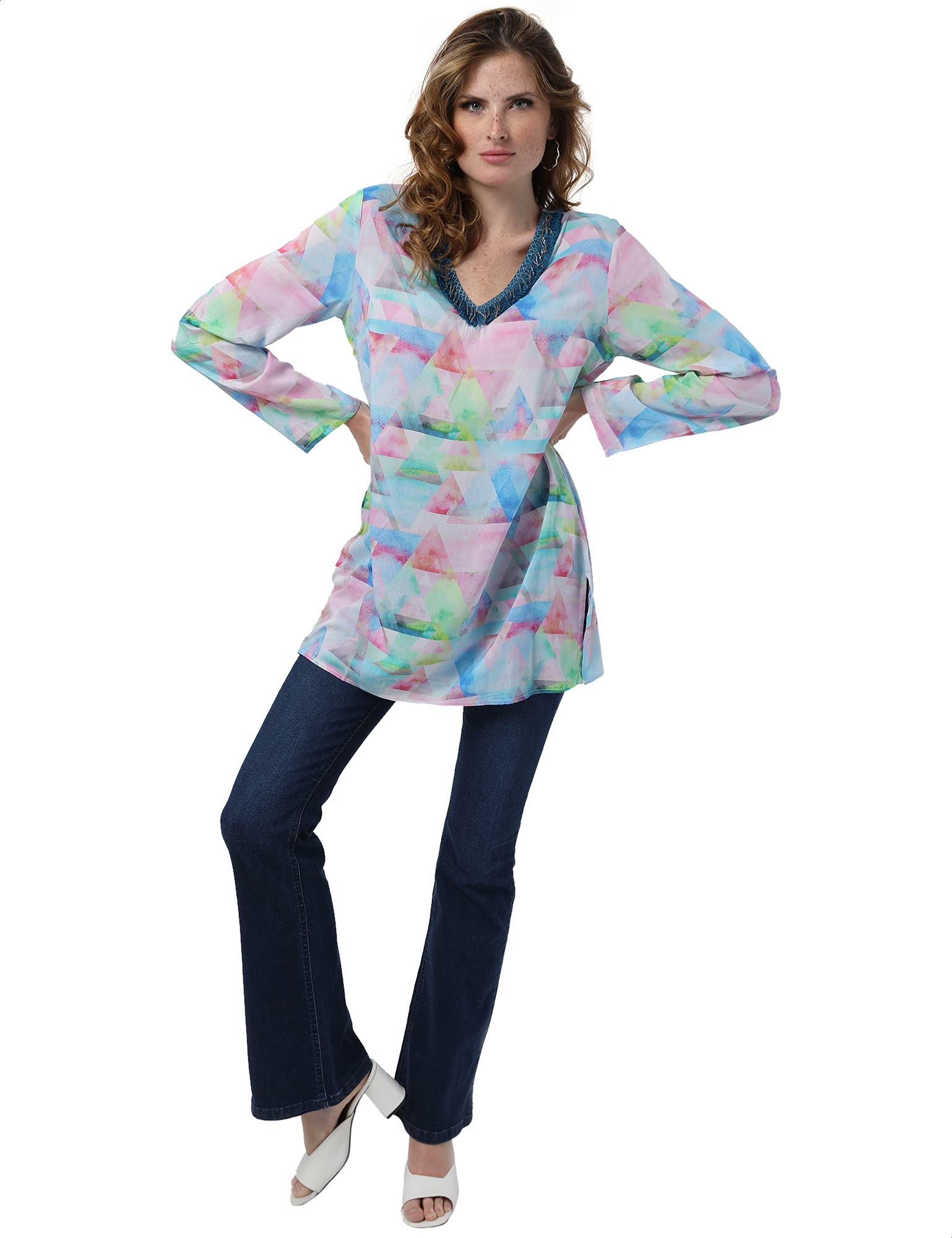 Dalydress Patterned Side Slits Long Sleeves V Neck Blouse For Women,Lightweight material ideal for daily wear.