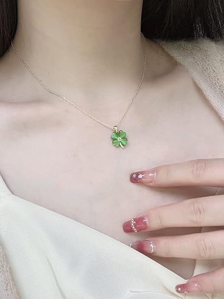 BUBGDYFO Women Four Leaf Clover Necklace Gold Chain Green Opal Pendant