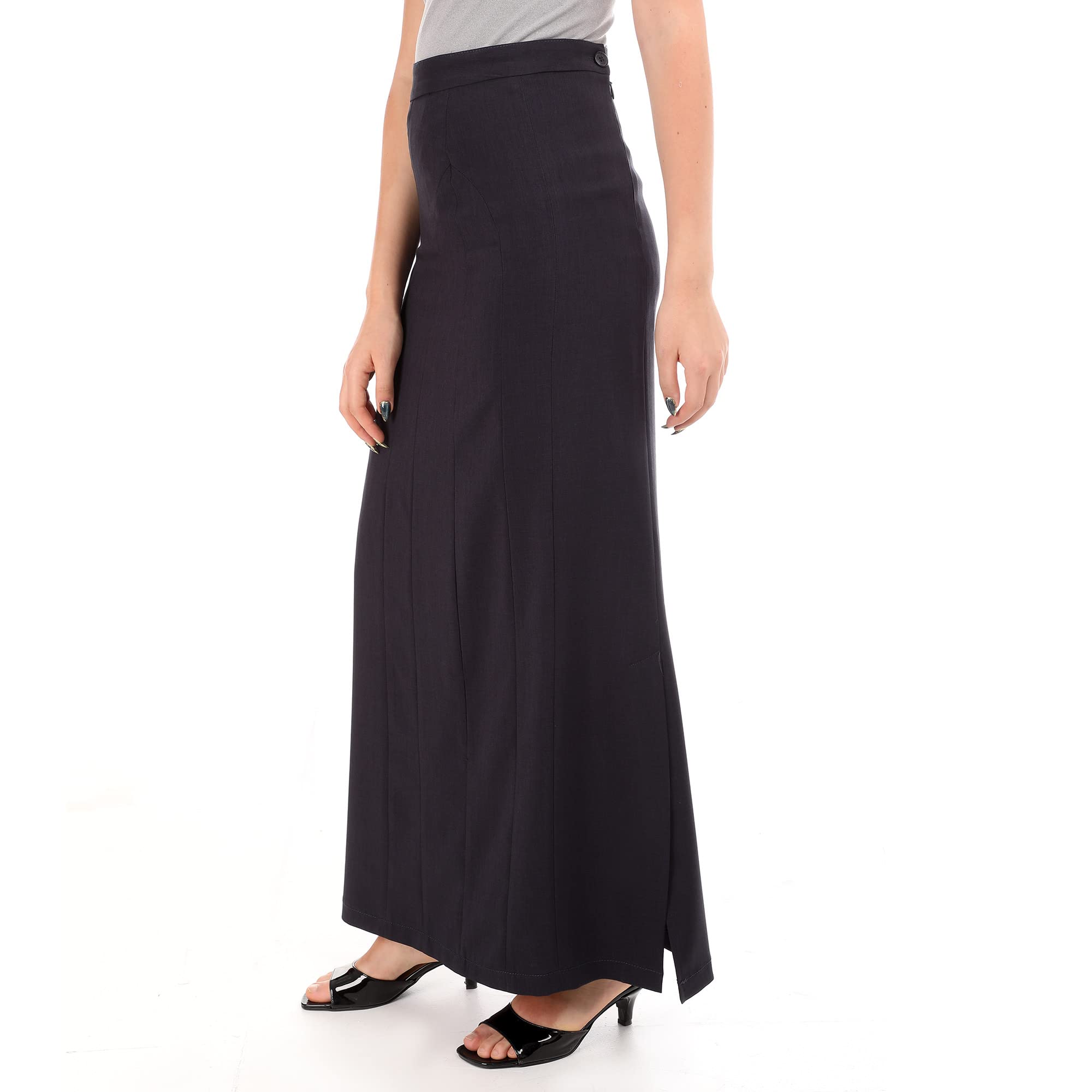 esla_Straight Fit Solid Maxi Skirt_Dark Blue