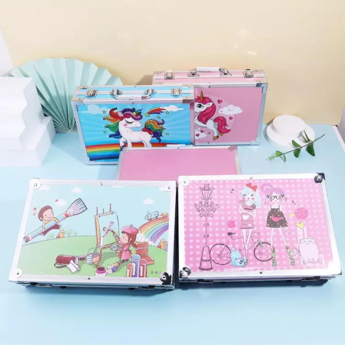 مجموعة أدوات رسم للأطفال – 145 قطعة بطبقتين مع حقيبة ألومنيوم