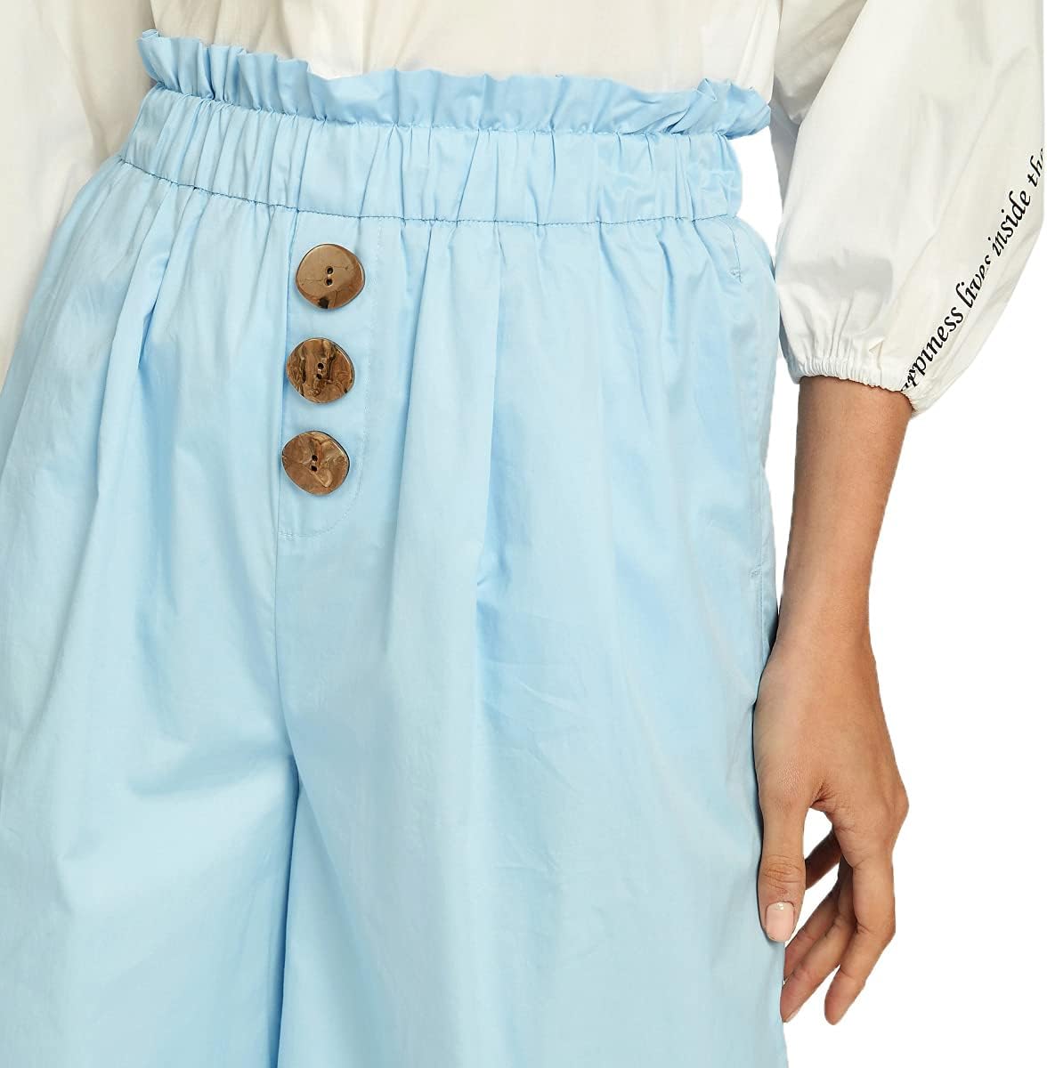 Splash Youth Plain Front Button Wide Leg Cropped Pants for Women
