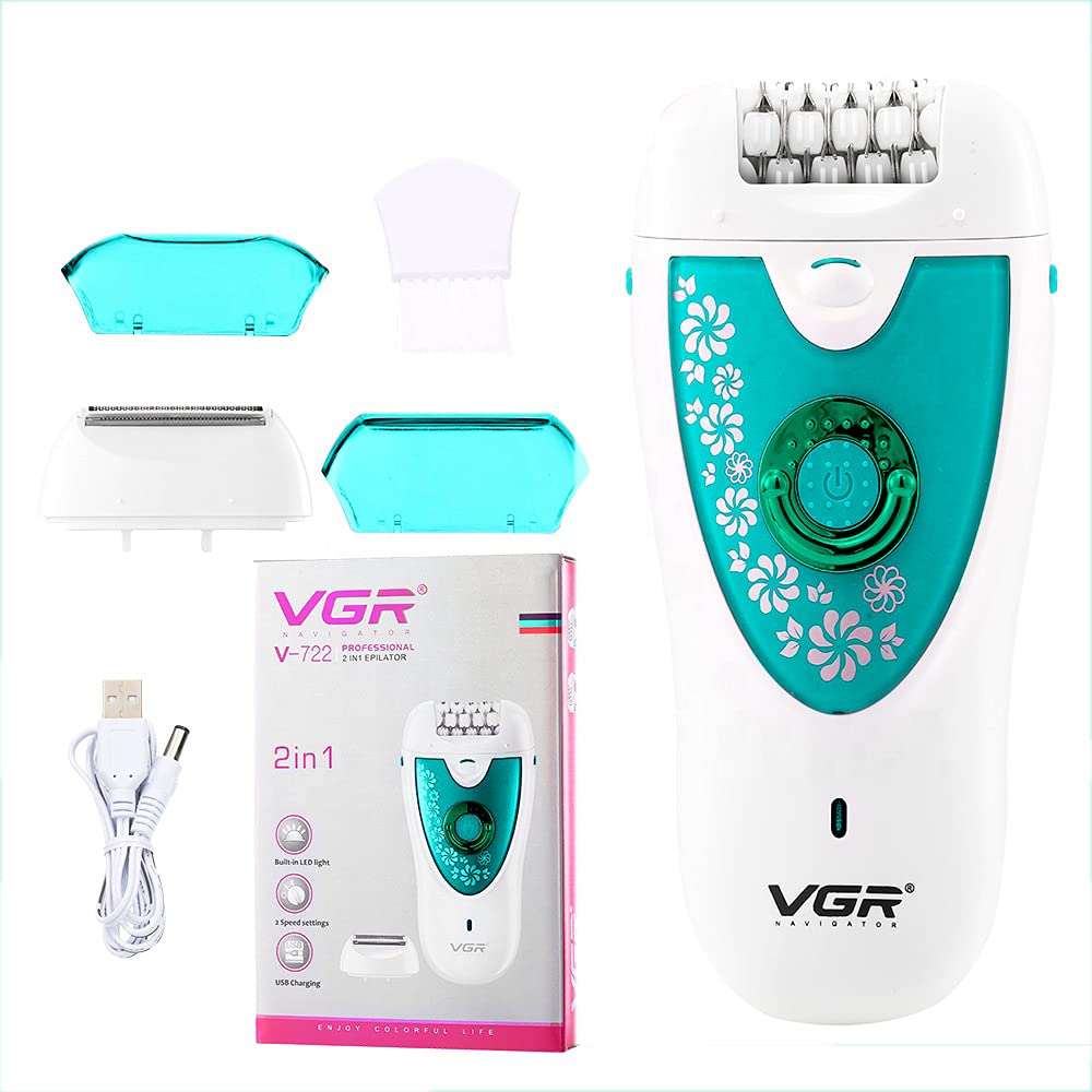 VGR V-722 Cordless Professional 2-in-1 Women Epilator & Shaver for different body areas for Wet & Dry use 35 minutes Runtime - Green