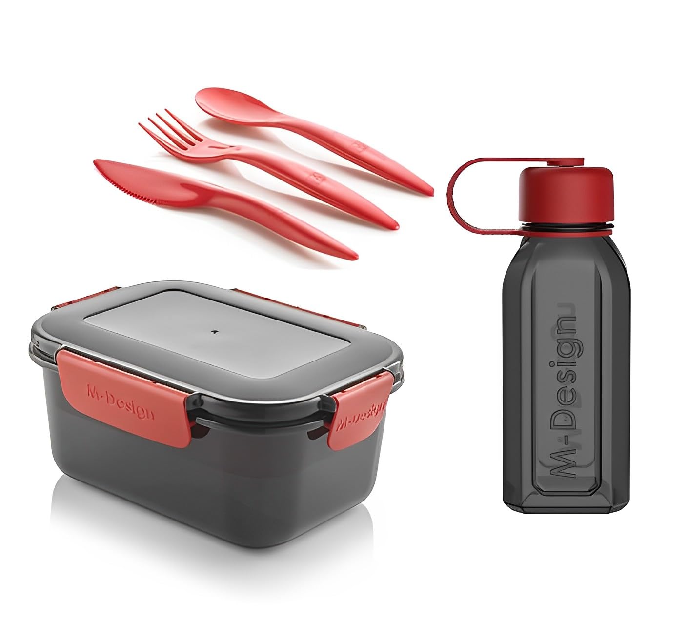M-Design Lunch Set - 1.1L Box, 500ml Water Bottle & 3pc. Cutlery Black- Damage Box