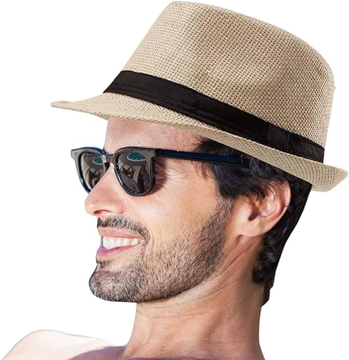 YANEK Men Straw Hat Cream Summer Beach Trilby Sun Protection – Safqqa Egypt