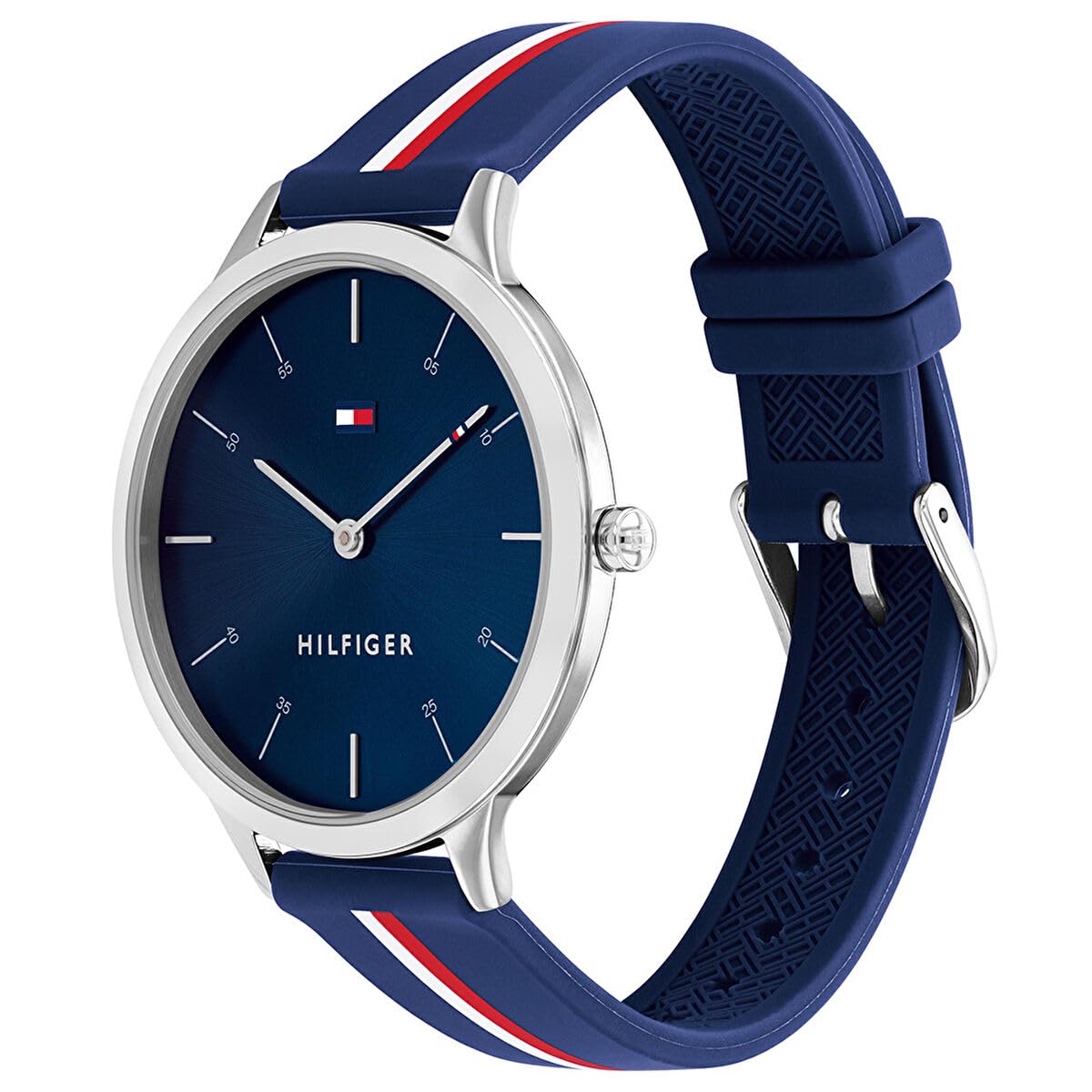 ساعة تومي هيلفيغر النسائية الكاجوال بسوار مطاطي باللون الأزرق مزيجاً مثالياً من الأناقة العصرية والطابع الرياضي. تتميز بسوار مطاطي متين يمنح راحة عند الارتداء