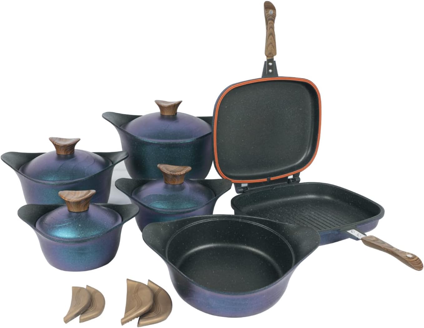Neoklien 10-Piece Korean Granite Cookware Set – Ocean Color (Pots 18/20/24/30 + Double Grill + Sauté Pan)