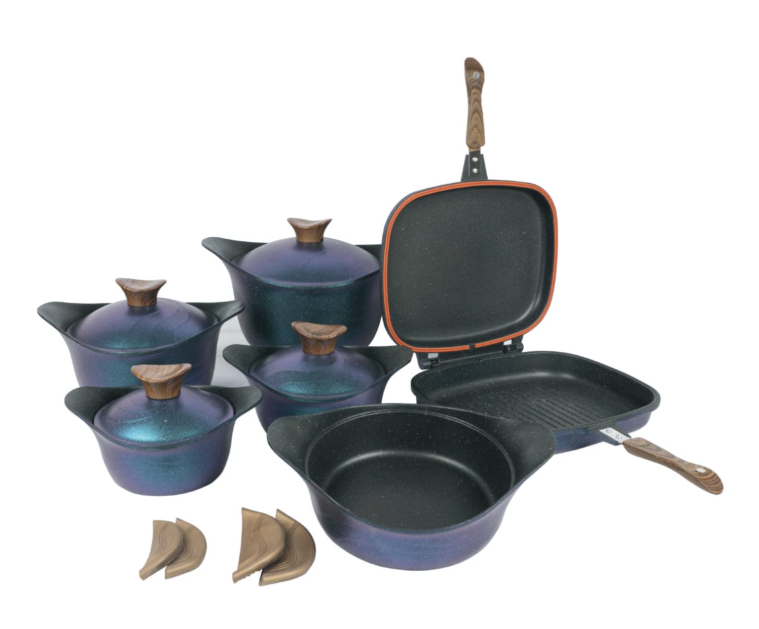 Neoklien 10-Piece Korean Granite Cookware Set – Ocean Color (Pots 18/20/24/30 + Double Grill + Sauté Pan)