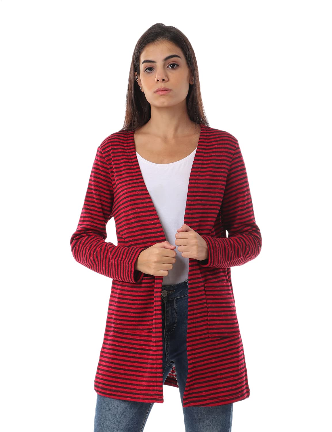 Jamila Women Hairline Stripes Front Pockets Long Sleeves Open Cotton Cardigan