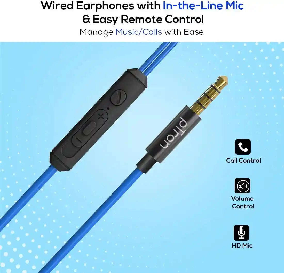 pTron (High Bass Earphones) in Ear Wired Earphones with Mic, 10mm Powerful Driver for Stereo Audio, Noise Cancelling Headset with 1.2m Tangle-Free Cable & 3.5mm Aux - (Blue)