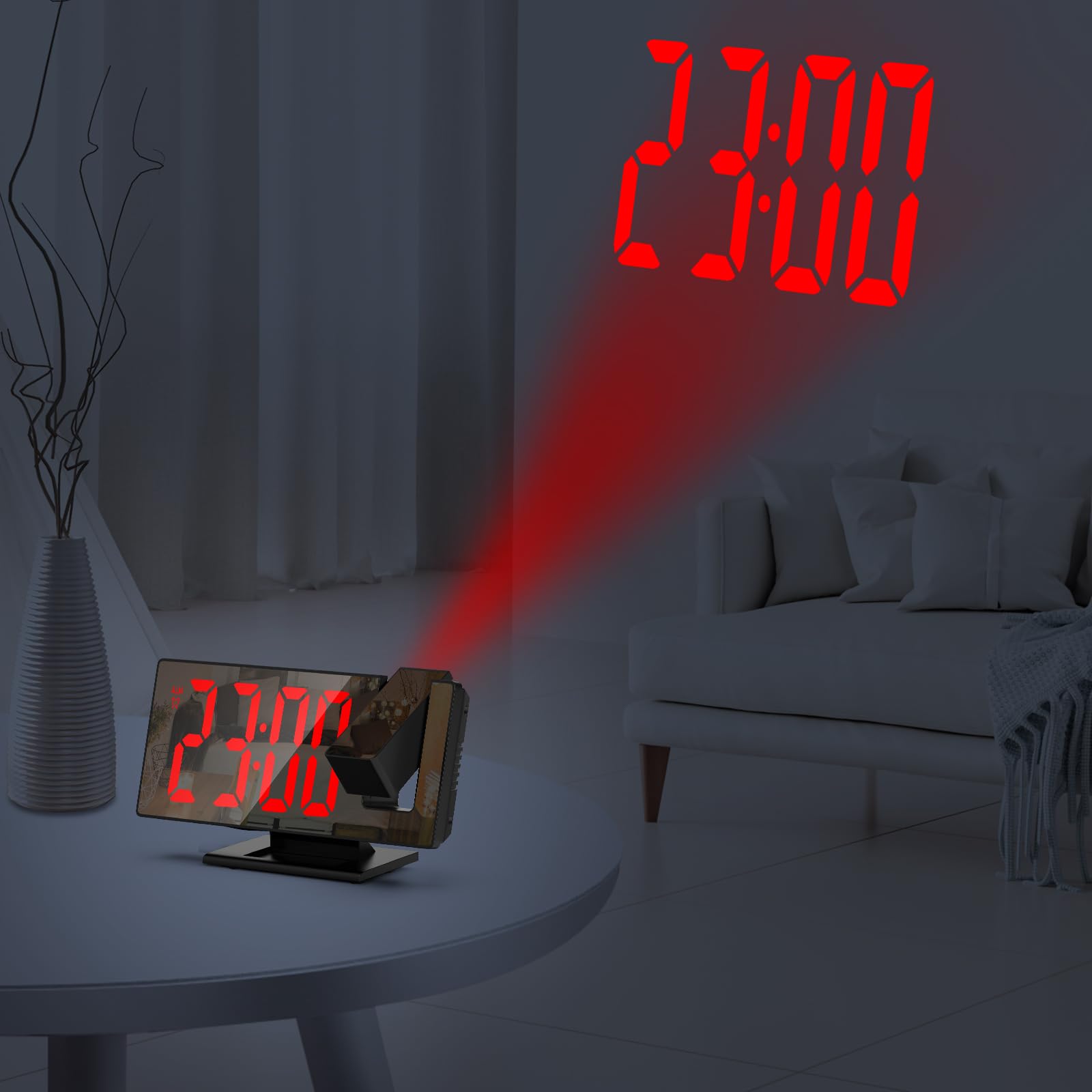 منبه عرض ORIA، أحدث منبه إلكتروني LED، منبه مرآة لغرفة النوم، ساعة عرض رقمية على السقف والجدار مع شاشة كبيرة، درجة الحرارة، سطوع قابل للتعديل، غفوة