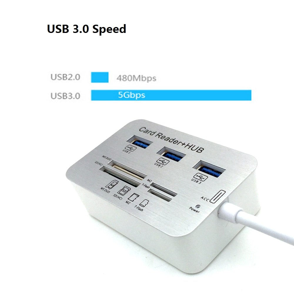 ERCRYSTO USB3.0 Card Reader and 3 Ports USB Hub, High Speed External Memory Card Reader (MS, Micro SD,SD/MMC,M2,TF Card)