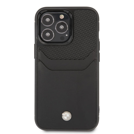 جراب BMW Signature Collection من الجلد الأصلي مع نمط منقوش بفتحة بطاقات لهاتف iPhone 14 Pro Max - أسود