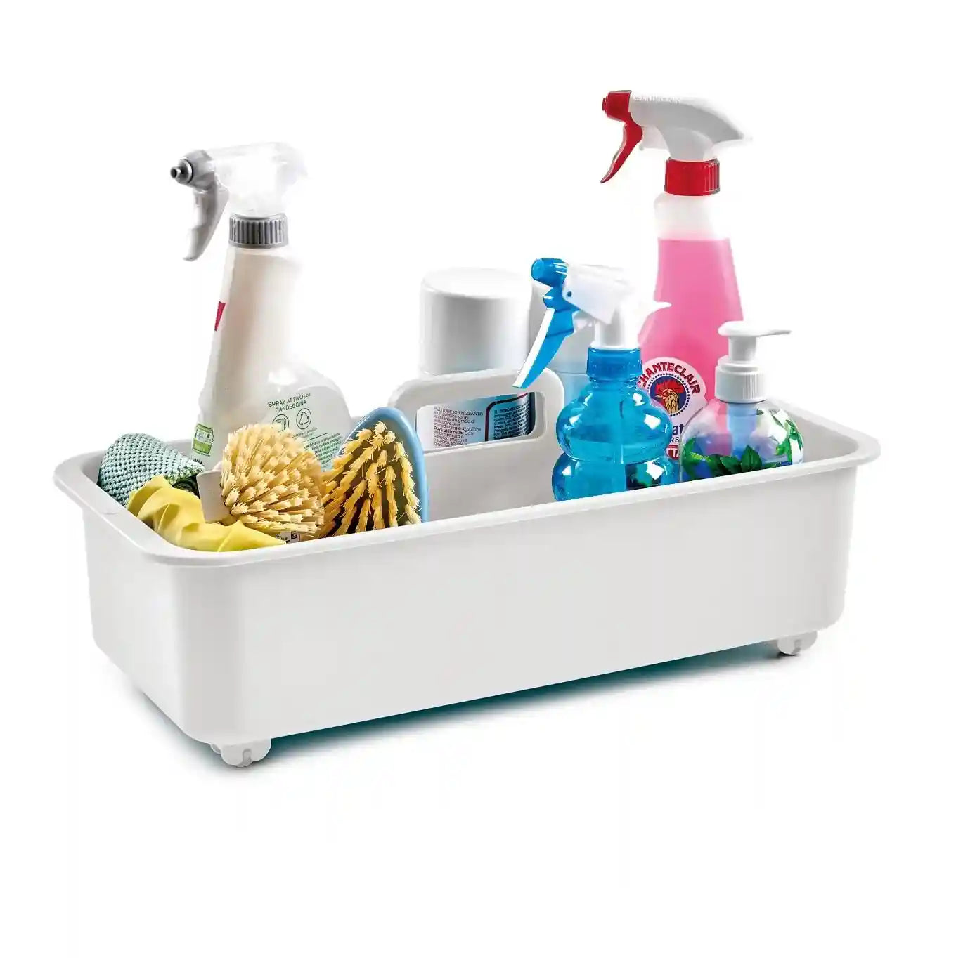 سلة تنظيم تحت الحوض من سنِبس باللون الأبيض مع عجلات هي حل عملي لتوفير المساحة والحفاظ على ترتيب المطبخ أو الحمام. صُنعت في إيطاليا من خامات متينة وعالية الجودة، وتتميز بعجلات سلسة لتسهيل تحريكها