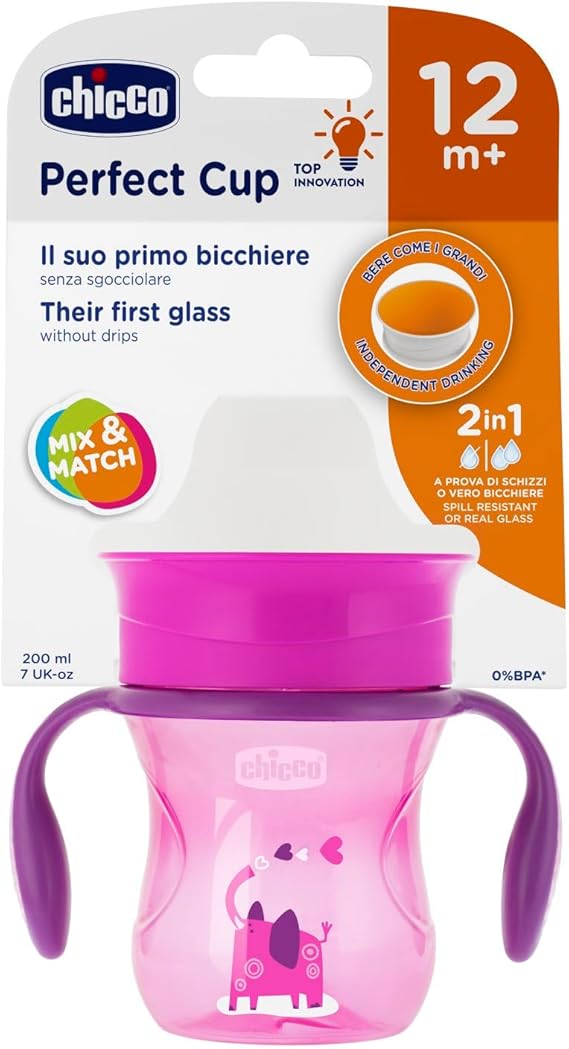 chicco Perfect First Baby Learning Cup 200 ml, Drinking Bottle 12+ Months Learn to Drink Leak-Proof Drinking Cup with 360° Silicone Valve and Removable Handles, BPA-Free - Pink