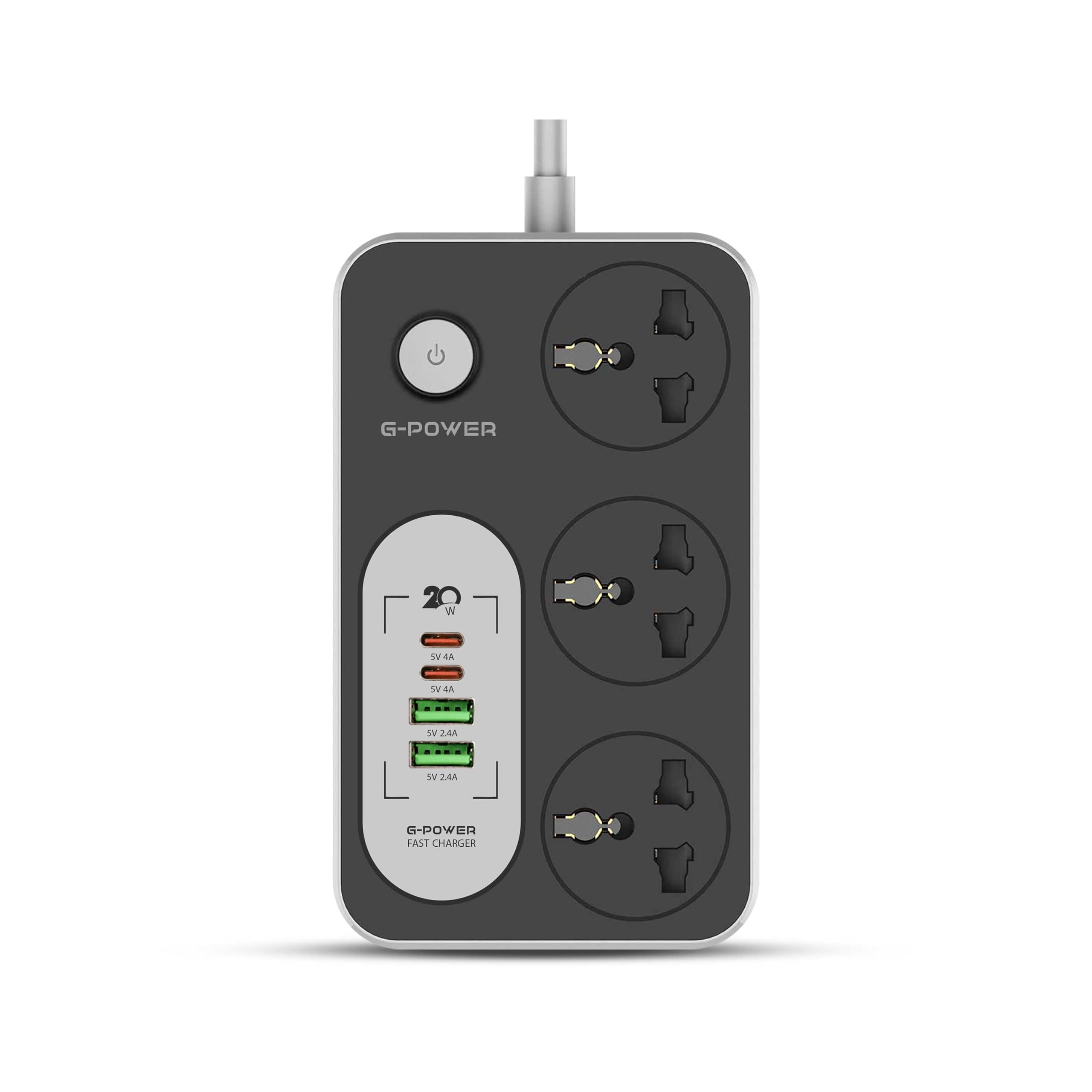 G-Power GP342 Power Strip Surge Protector Containing 220 Volt With Three Universal International Socket provides Two Type C Charging Ports 20 Watt - Black Grey