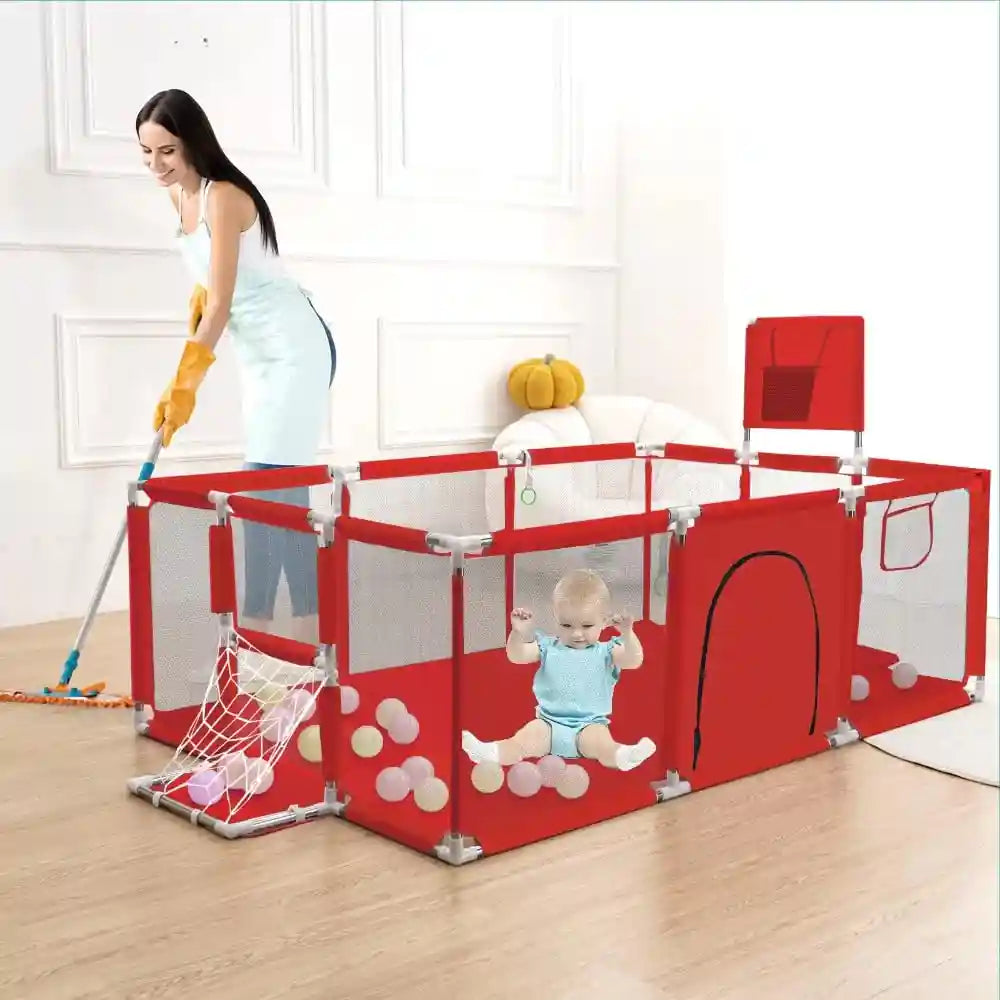 Fantastic-Kids-Toys Large Playpen for Toddlers, Durable Ball Pit, Playpen with Basketball Hoop, Indoor and Outdoor Activity Center, Safety Gates, 50 Balls 182 x 122 x 64 cm (RED) - Safqqa Egypt