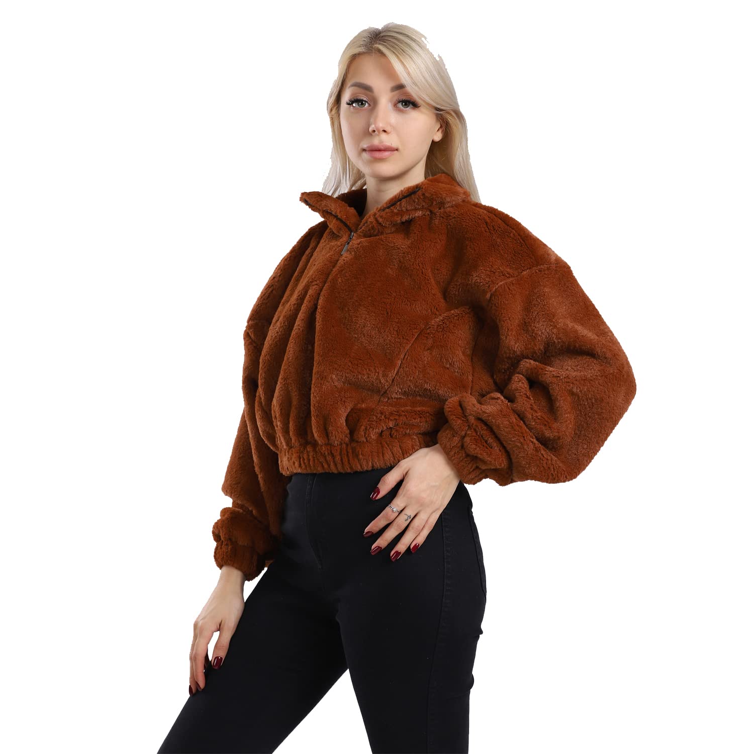 EEZEEY womens Furry Cropped Zipped Fleece Jacket Furry Cropped Zipped Fleece Jacket