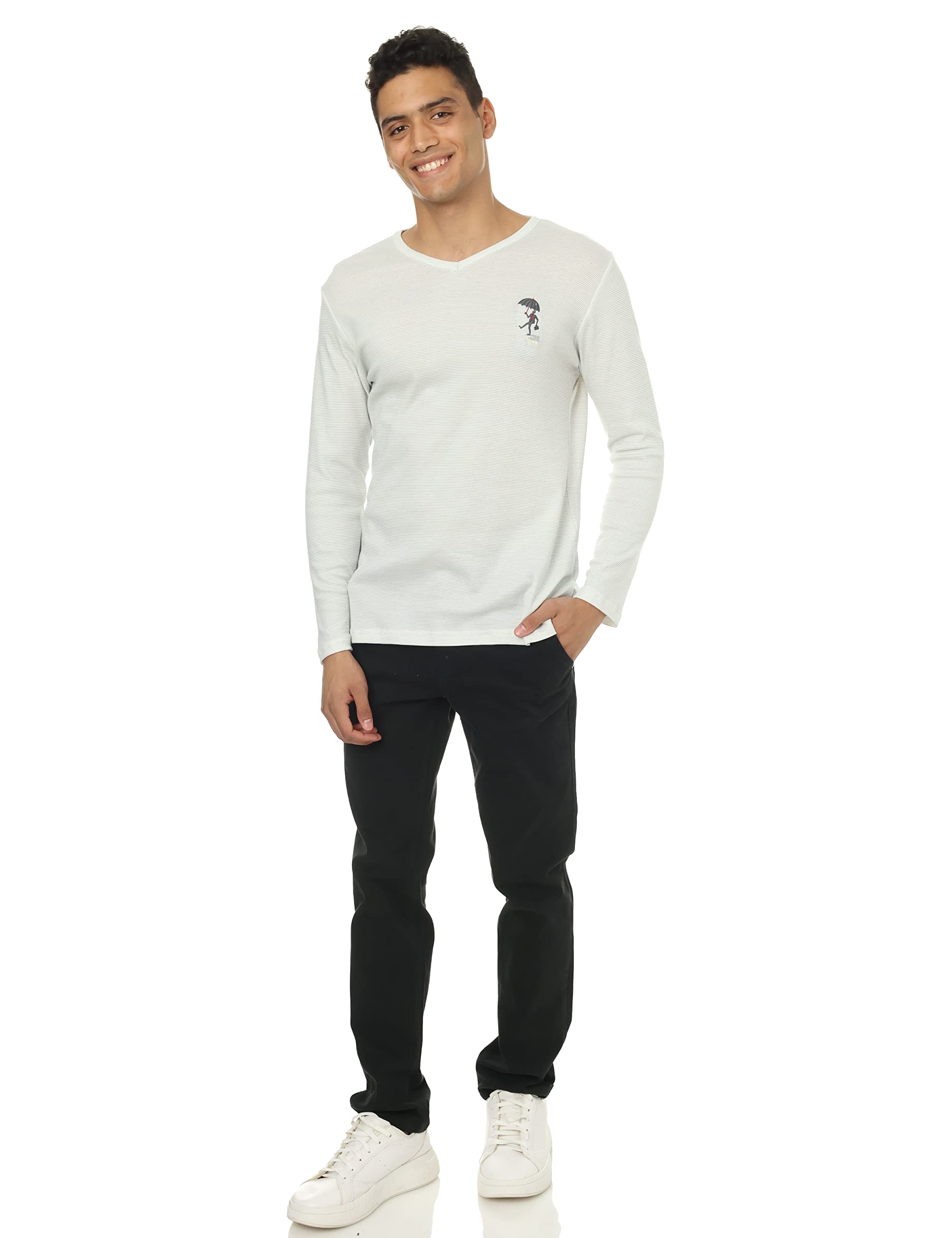 Off cliff Men’s Striped V-Neck Long Sleeve Top with Embroidery