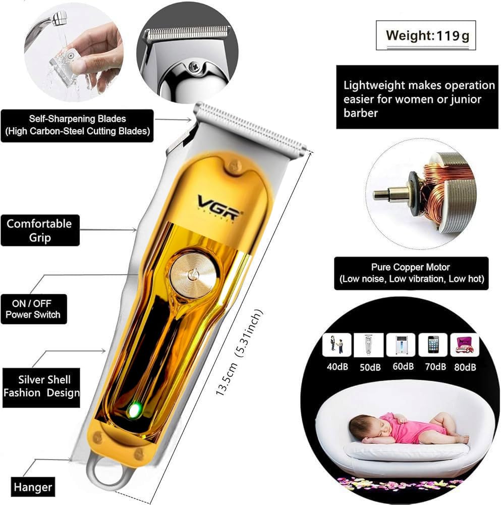 VGR Professional Hair Trimmer, Cordless T-Blade with Multiple Length Controls, USB Fast Charging, Gold
