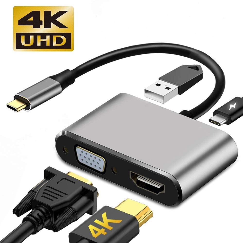 كينديكس KX 2457 محور Type-C 4 في 1 (VGA - HDMI - USB3.0 - شاحن PD Type-C) - فضي