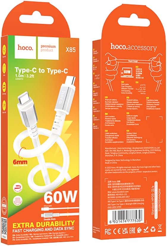 Hoco X85 Strength Silicone Fast Charging & Data Transmission Cable (60W – 3A – 1M) – USB-C to USB-C