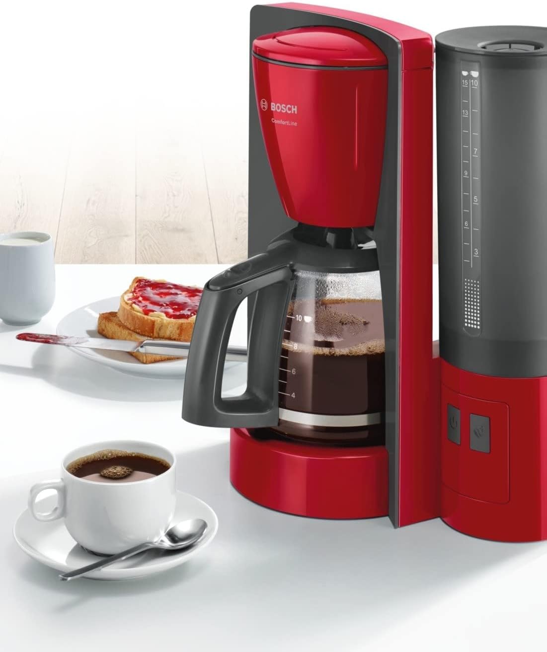 Bosch Comfort Line TKA6A044 Coffee Machine, Flavor Protection Glass Jug, Automatic Limit Switch, Programmable to 20/40/60 Minutes, 1200 W, Red /