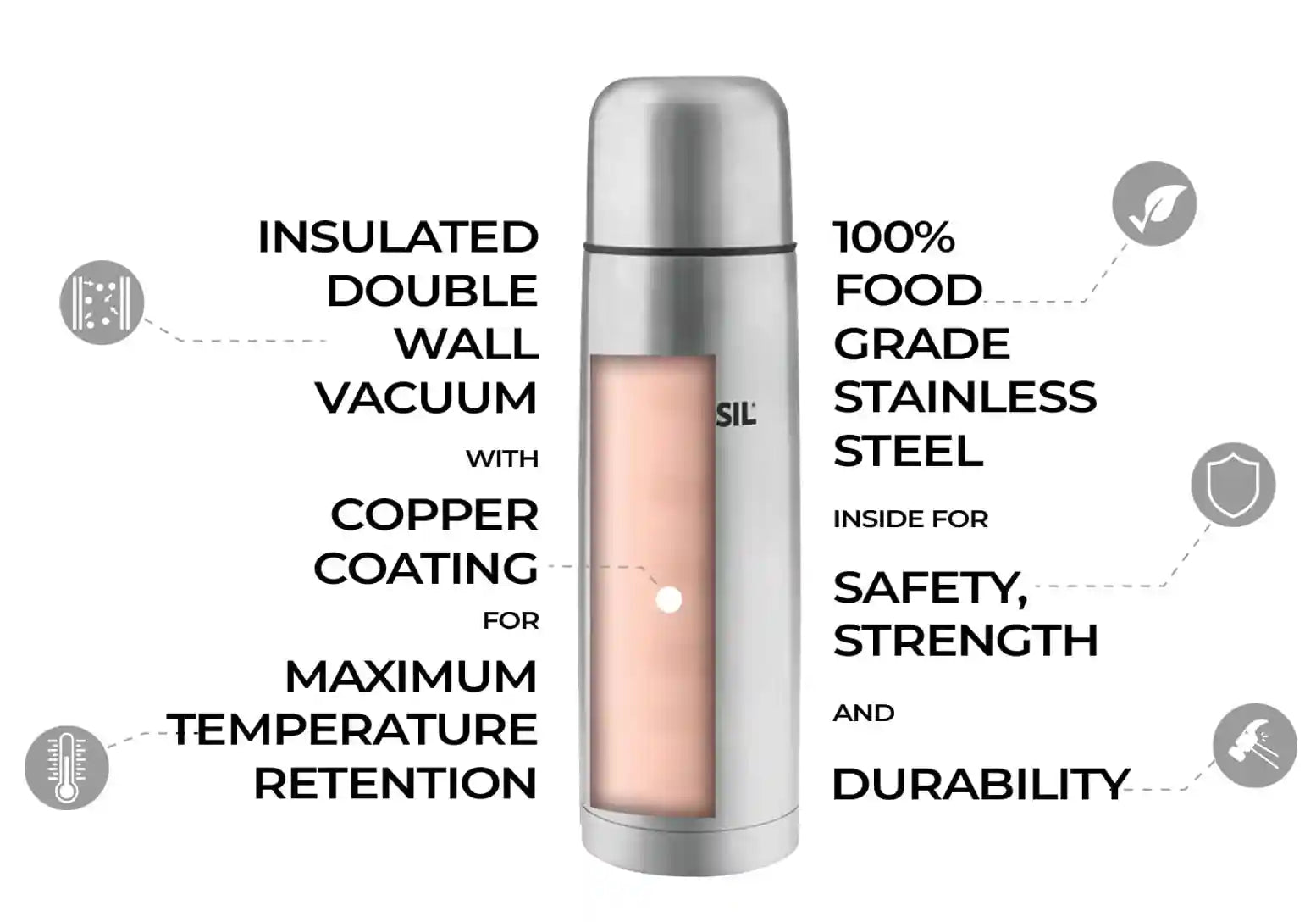 قارورة Borosil المصنوعة من الفولاذ المقاوم للصدأ بعاز مزدوج الحائط ومبطنة بالنحاس، مصممة للحفاظ على المشروبات ساخنة أو باردة لفترات طويلة. تتميز بطبقة داخلية مزدوجة تعزل الحرارة بشكل ممتاز، مع غطاء خارجي أزرق متين يمنع التسرب.