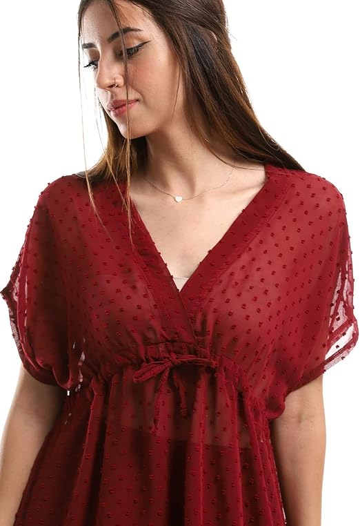 JAMILA Women Self Stitches Sheer Short Sleeves Blouse Shirt