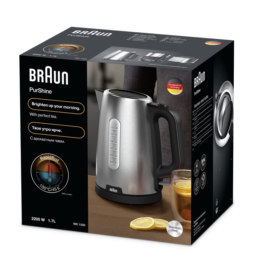 Braun PurShine Water Kettle, 2200 Watts, 1.7L Capacity, Stainless Steel