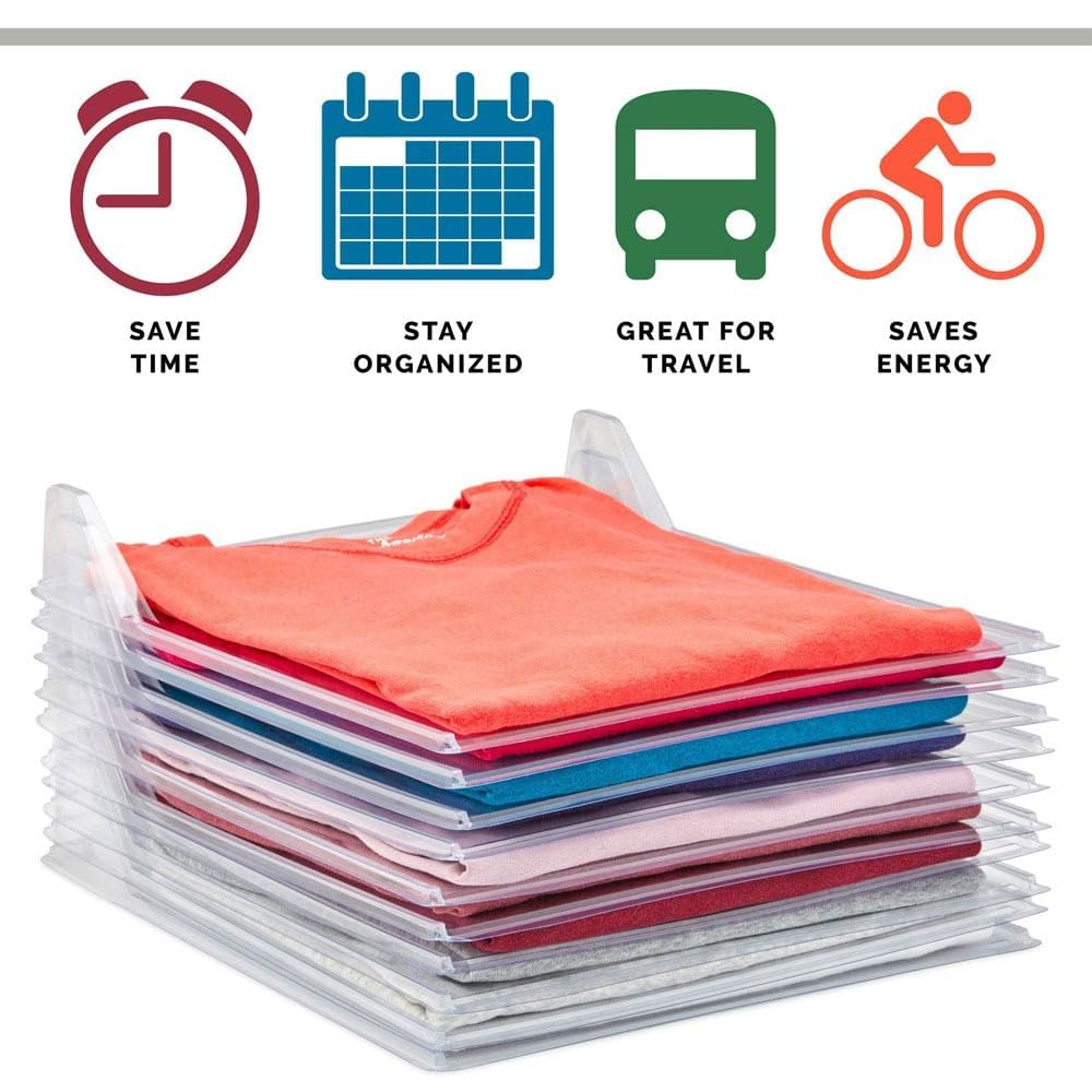 Goldedge T-Shirt Organizer Set for 10 Shirts, Space-Saving Stackable Folding System for Wardrobe & Suitcase Organization (10x1 Set) – Safqqa Egypt