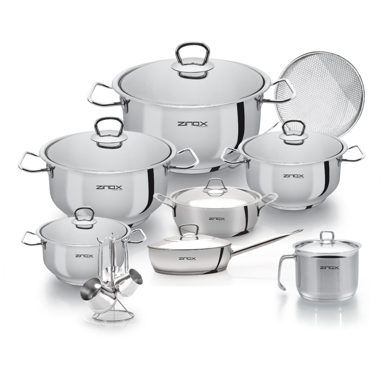 Zinox Smart Set 19 pcs, size (16 - 20 - 24 - 28 )- milk pot 14 - Frying pan 20 with lid - Suties 24 - coffe pot set 4- Without Oil refinery