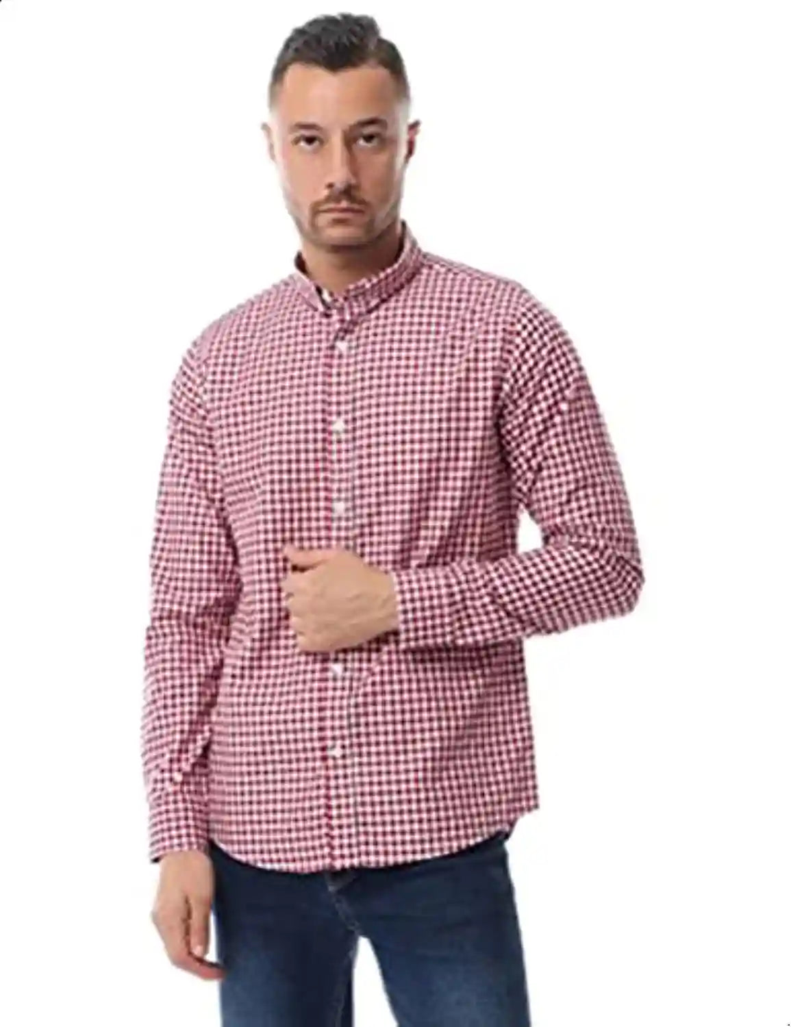 قميص رجالي من أندورا بقصة عادية ونقشة مربعات متوسطة بياقة بأزرار وأكمام طويلة