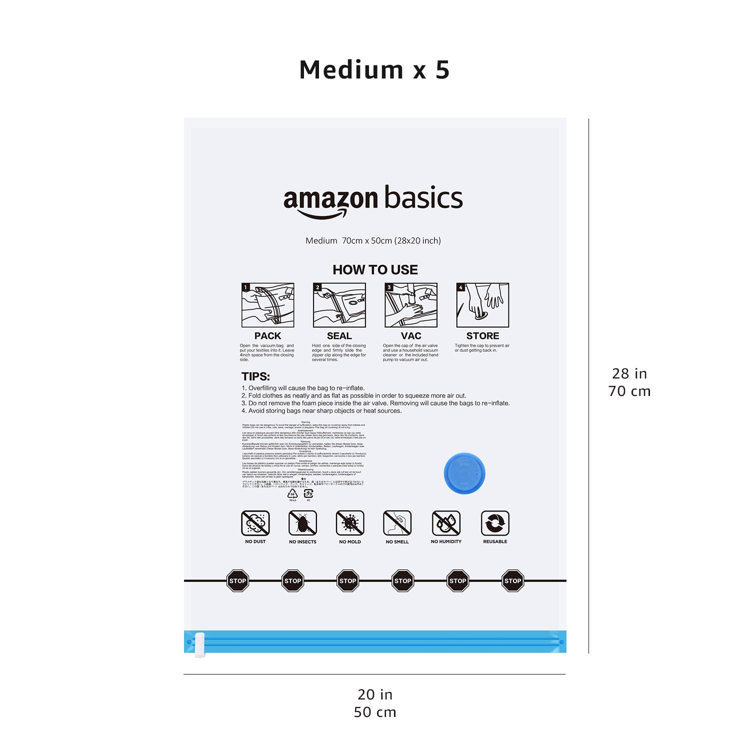 أكياس تخزين قابلة للضغط Basics بحجم متوسط – بسحاب وصمام محكم ومضخة يدوية