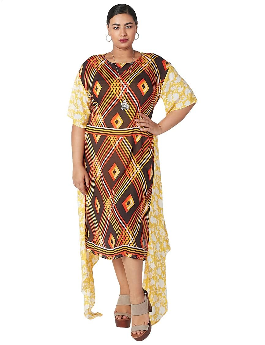 Splash Patterned Asymmetrical Hem Short Sleeves Round Neck Dress for Women,Versatile for casual, party, or semi-formal wear.