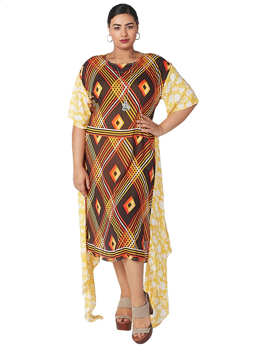 Splash Patterned Asymmetrical Hem Short Sleeves Round Neck Dress for Women,Versatile for casual, party, or semi-formal wear.