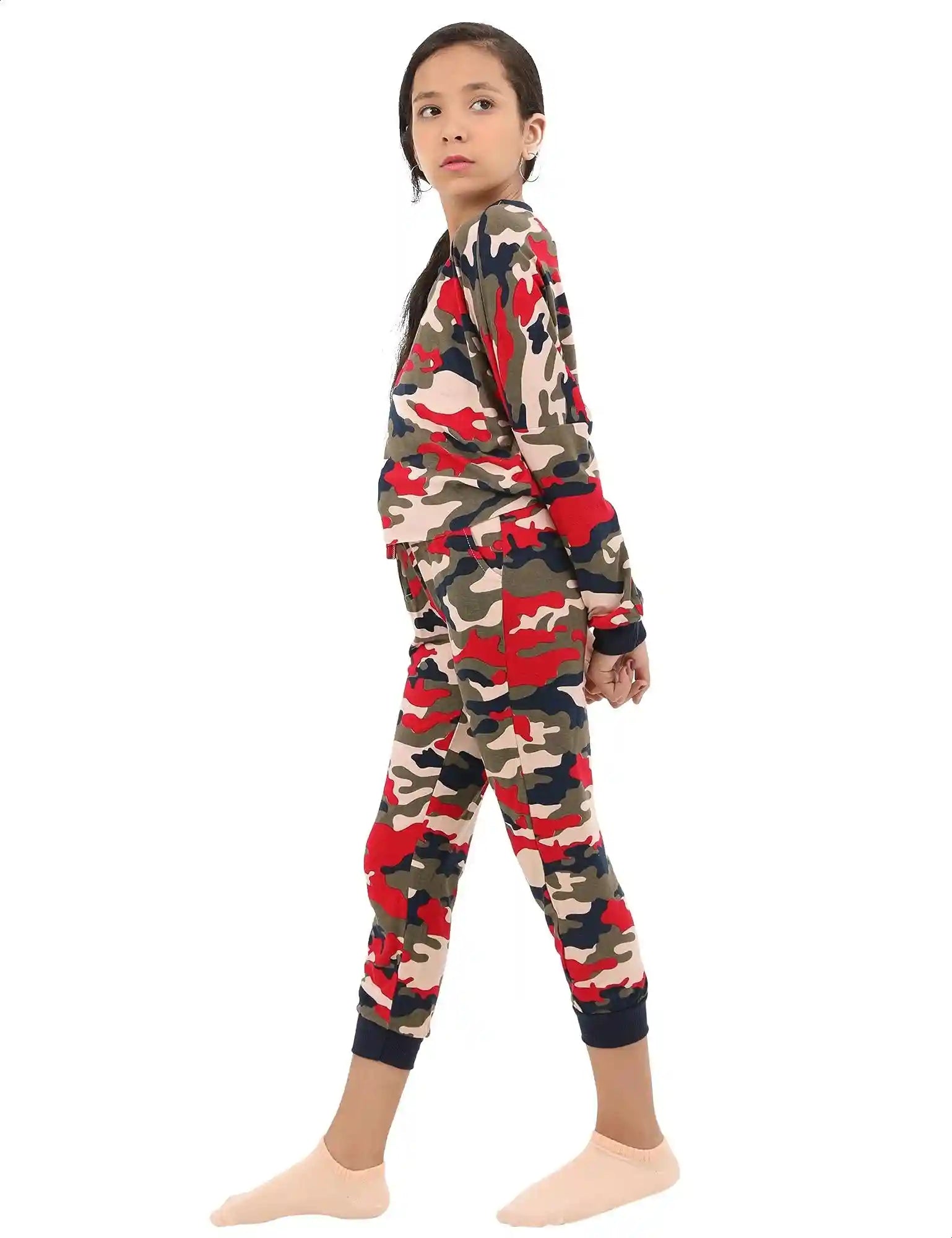 بيجامة نسائية للبنات، تي شيرت مطبوع بأكمام طويلة مع بنطلون بخصر مطاطي ورباط