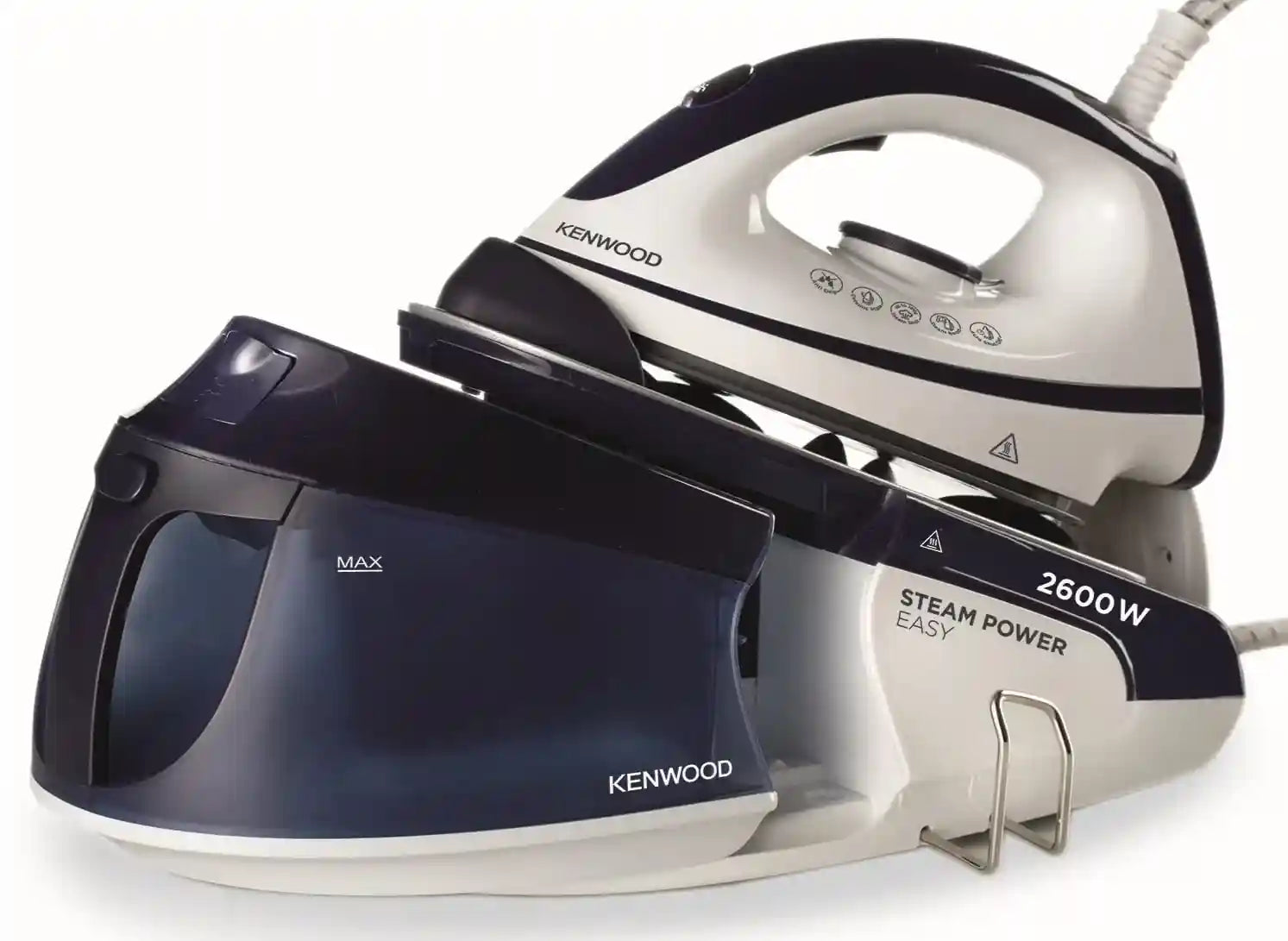 Kenwood 2600W Steam Station Iron – 1.8L Tank, Ceramic Soleplate, 180g Steam Boost, Anti-Drip, Auto Shut-Off, Self-Clean – White/Blue (SSP20.000WB)- Scratches And DAMAGE Box - Safqqa Egypt