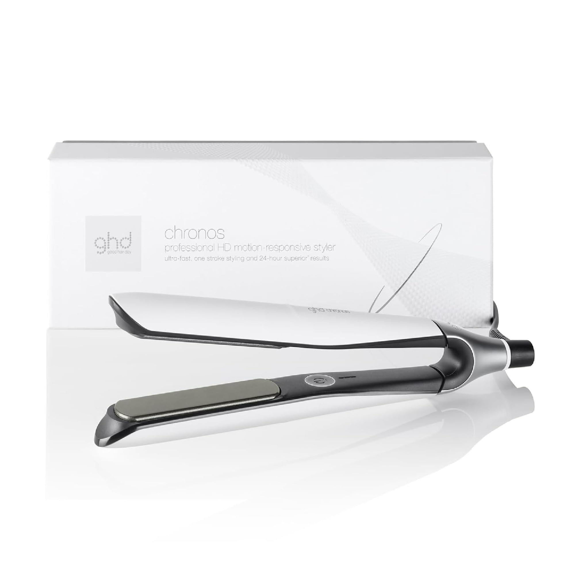 GHD Chronos 1" Flat Iron Styler – Advanced Motion-Responsive Technology for 3X Faster Styling, Achieves High-Definition Results in One Stroke, Lasts 24 Hours, 85% More Shine, 2X Less Frizz, No Heat Damage – White