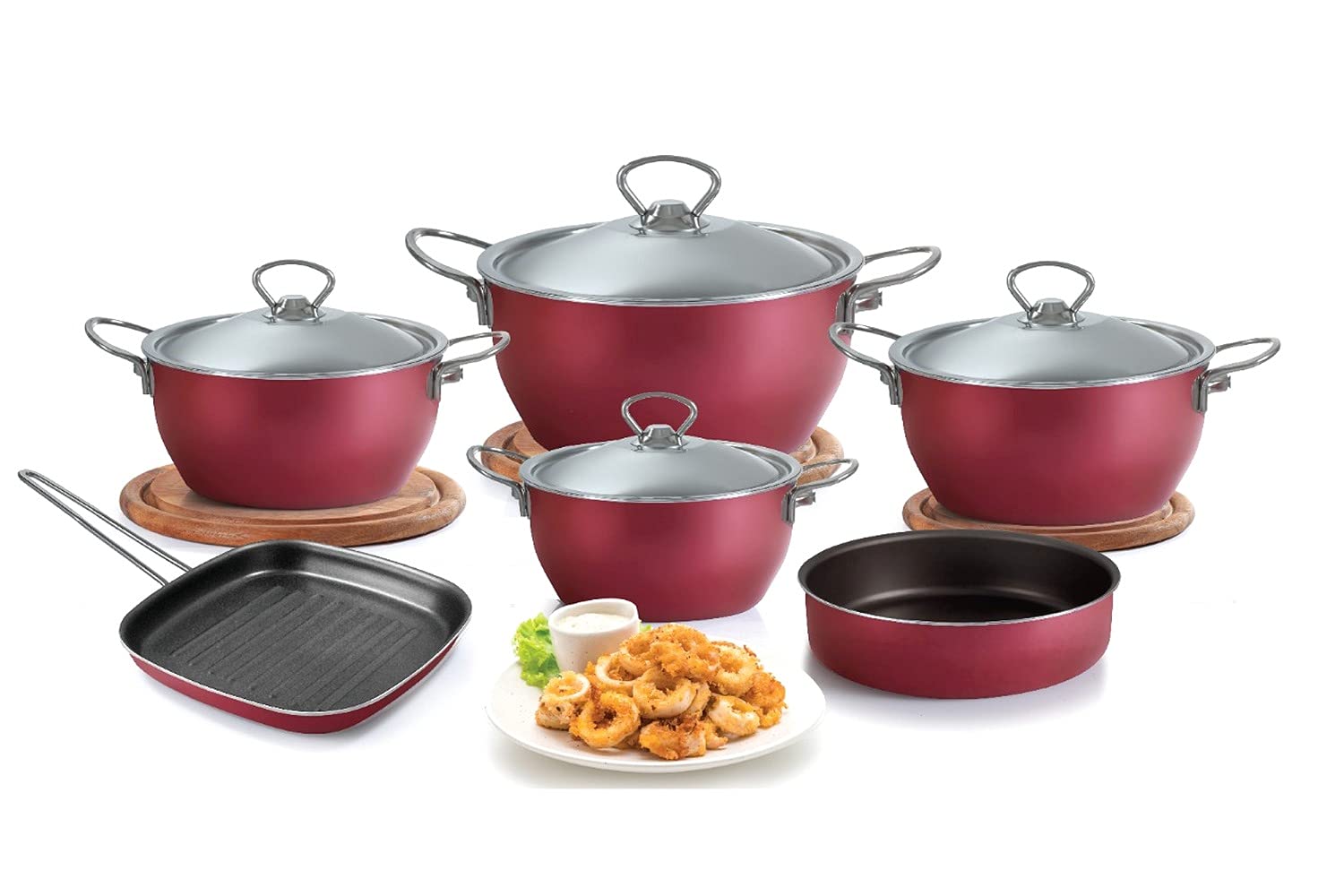 El Maleka Apple set 2.5 m Teflon 10 s (Bonsera) (4 pots 16-20-24-28) tray 26 + grill 28,Durable Teflon coating for non-stick cooking