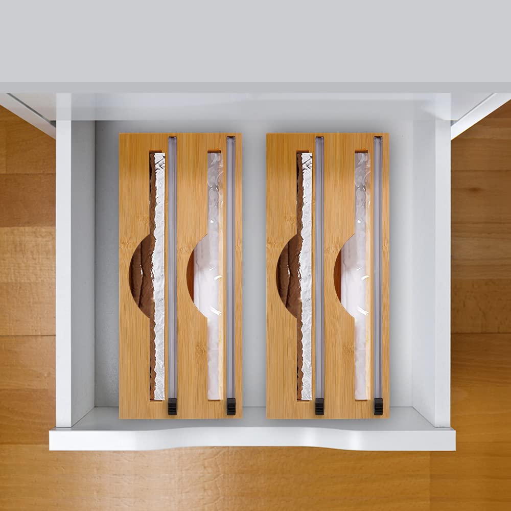 Bamboo Wood Wrap Dispenser with Slide Cutter – 2-Roll Organizer for Countertop