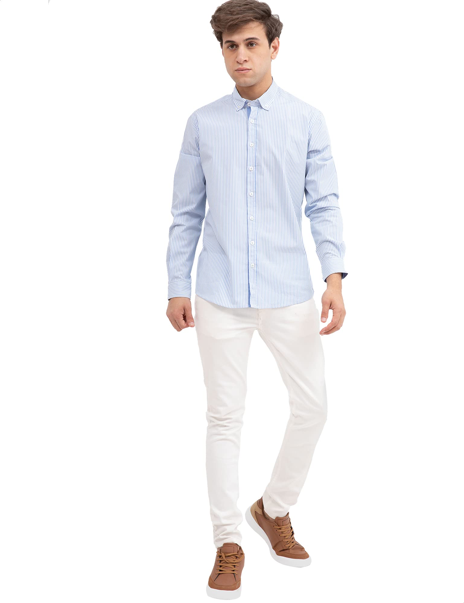 Premoda Long Sleeves Striped Button-Down Shirt for Men - Light Blue and White