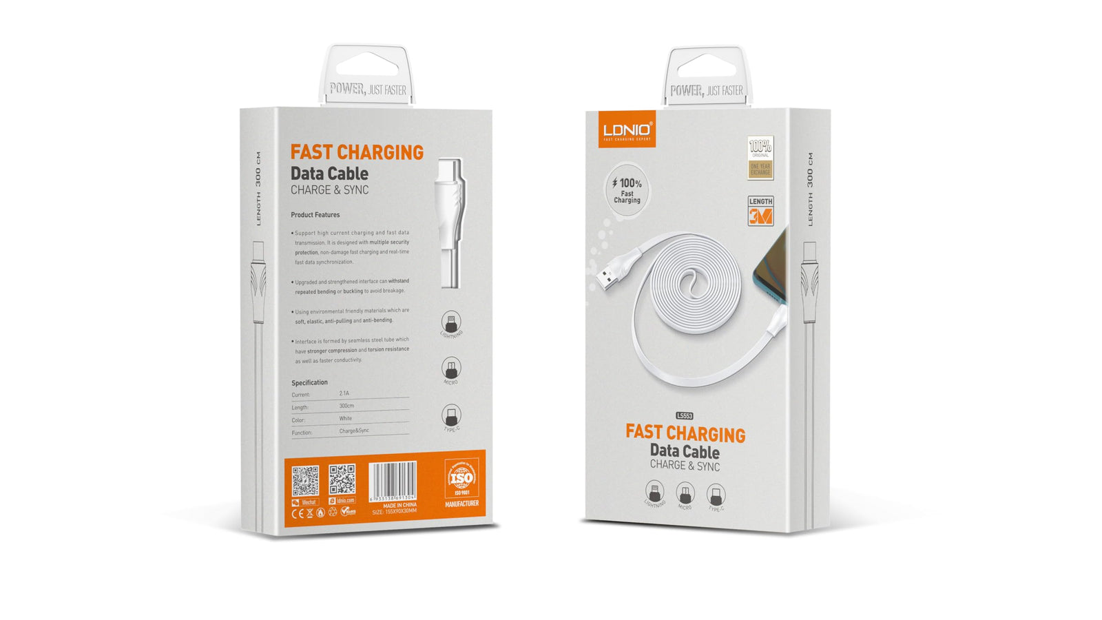 كابل بيانات شحن سريع من Ldnio LS553 من Lightning إلى USB-A، بطول 3 أمتار، تيار 2.1 أمبير - أبيض