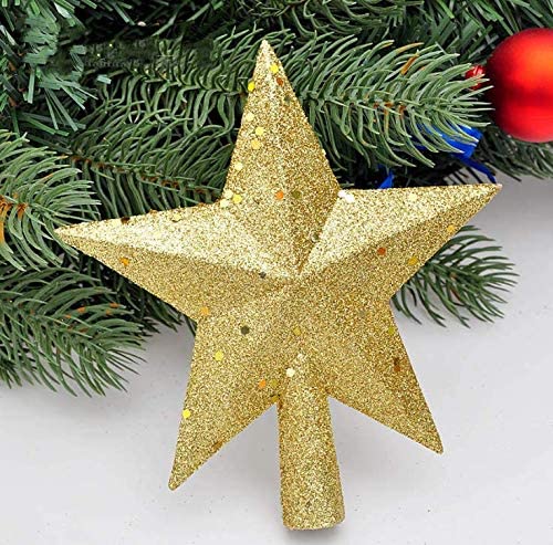 نجمة خماسية مدببة ذهبية لتزيين شجرة الكريسماس بطول 15 سم مطلية بمسحوق لاصق من الترتر للكريسماس من اوزر