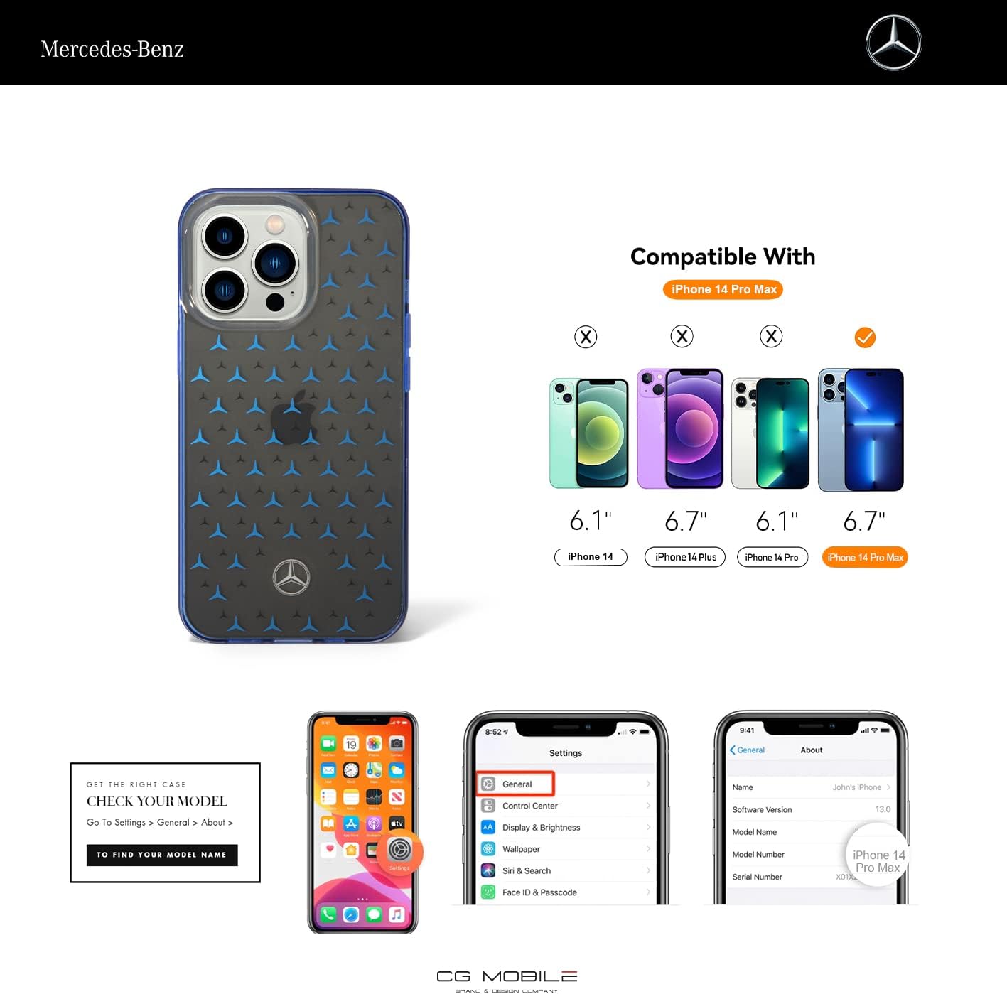 جراب CG MOBILE Mercedes-Benz مزدوج الطبقات من البولي كربونات/البولي يوريثان الحراري بنمط نجمة كبيرة، متوافقة مع iPhone 14 Pro Max (6.7 بوصة)، غطاء واقٍ، مقاوم للصدمات، متوافق مع الشاحن اللاسلكي (أسود وأزرق)