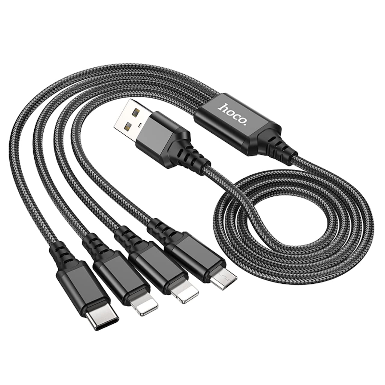 كابل شحن هوكو X76 4 في 1 – يو إس بي A إلى تايب C / مايكرو USB / لايتنينج (1 متر – 2A)