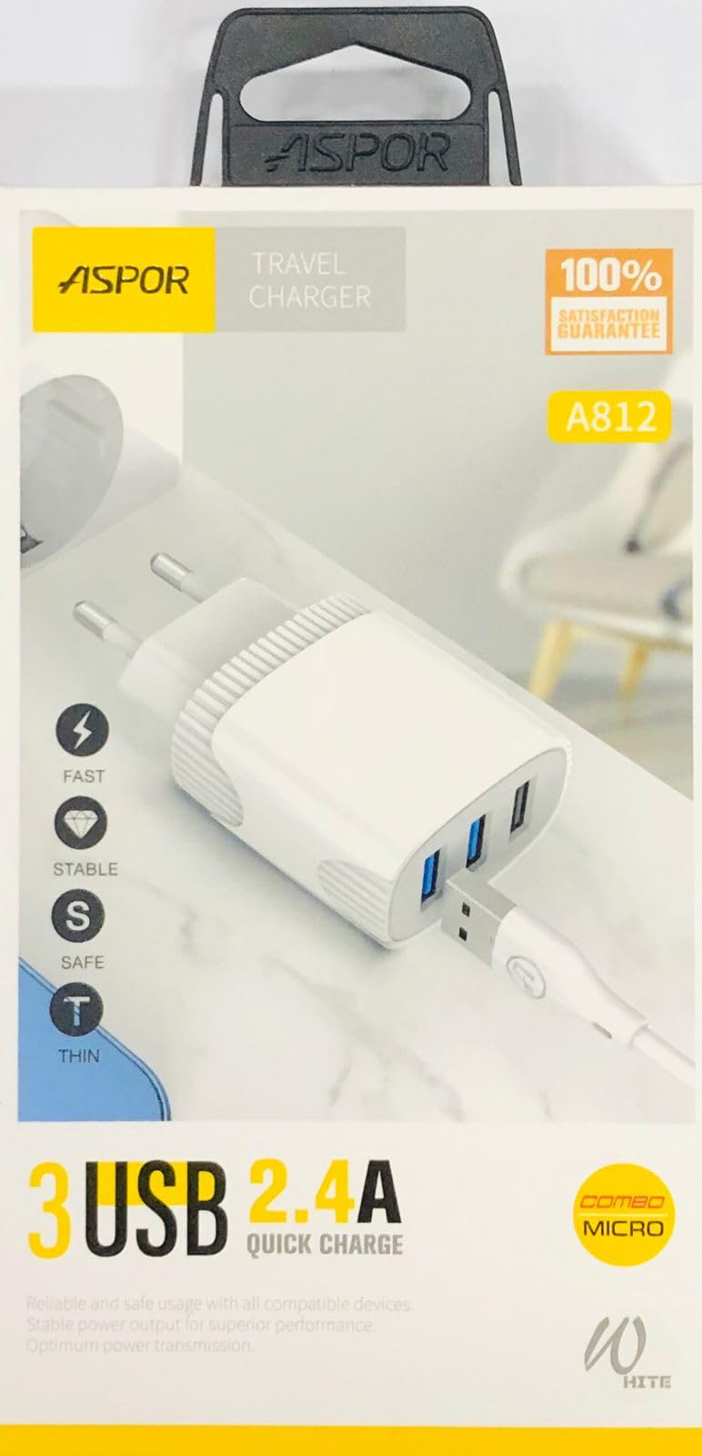 شاحن منزلي ASPOR A812 2.4 A IQ + كابل Type C 3 USB - أبيض - صندوق تالف