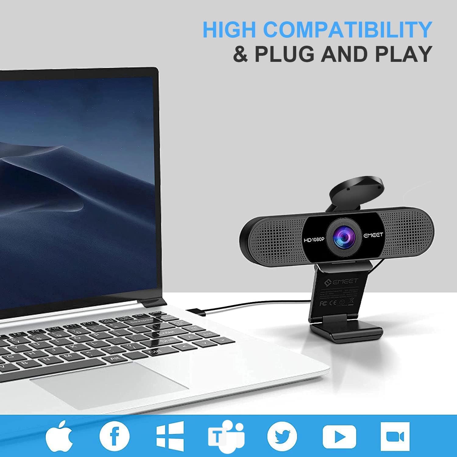 كاميرا ويب C960 بدقة 1080 بيكسل وزاوية 90 درجة مزودة بميكرفونين ومنفذ USB للتوصيل والتشغيل من اي ميت، للاب توب والكمبيوتر، بصري