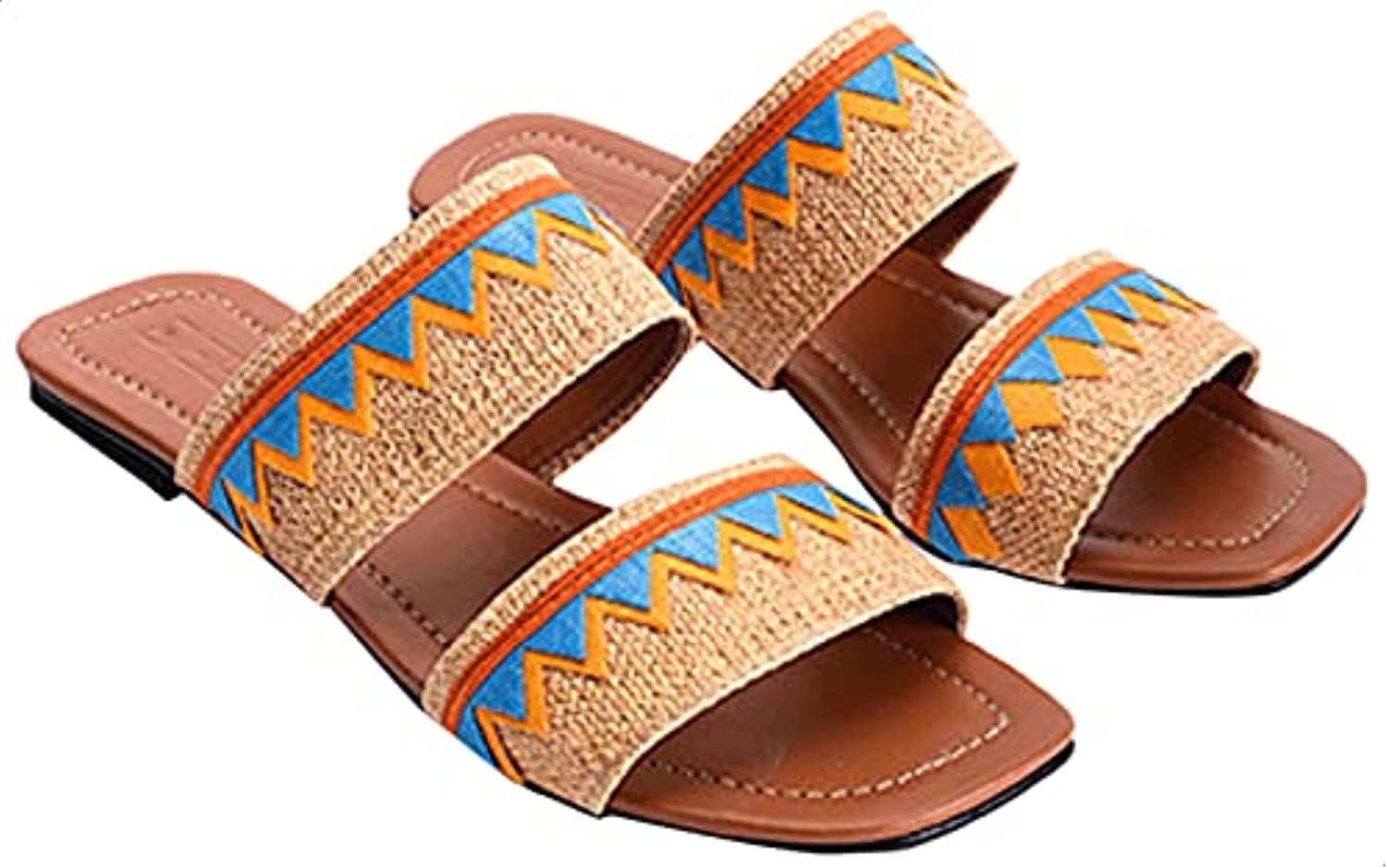 Deeda Faux-Leather Two-Tone Zigzag Detail Double Strap Slide Slippers for Women - Safqqa Egypt