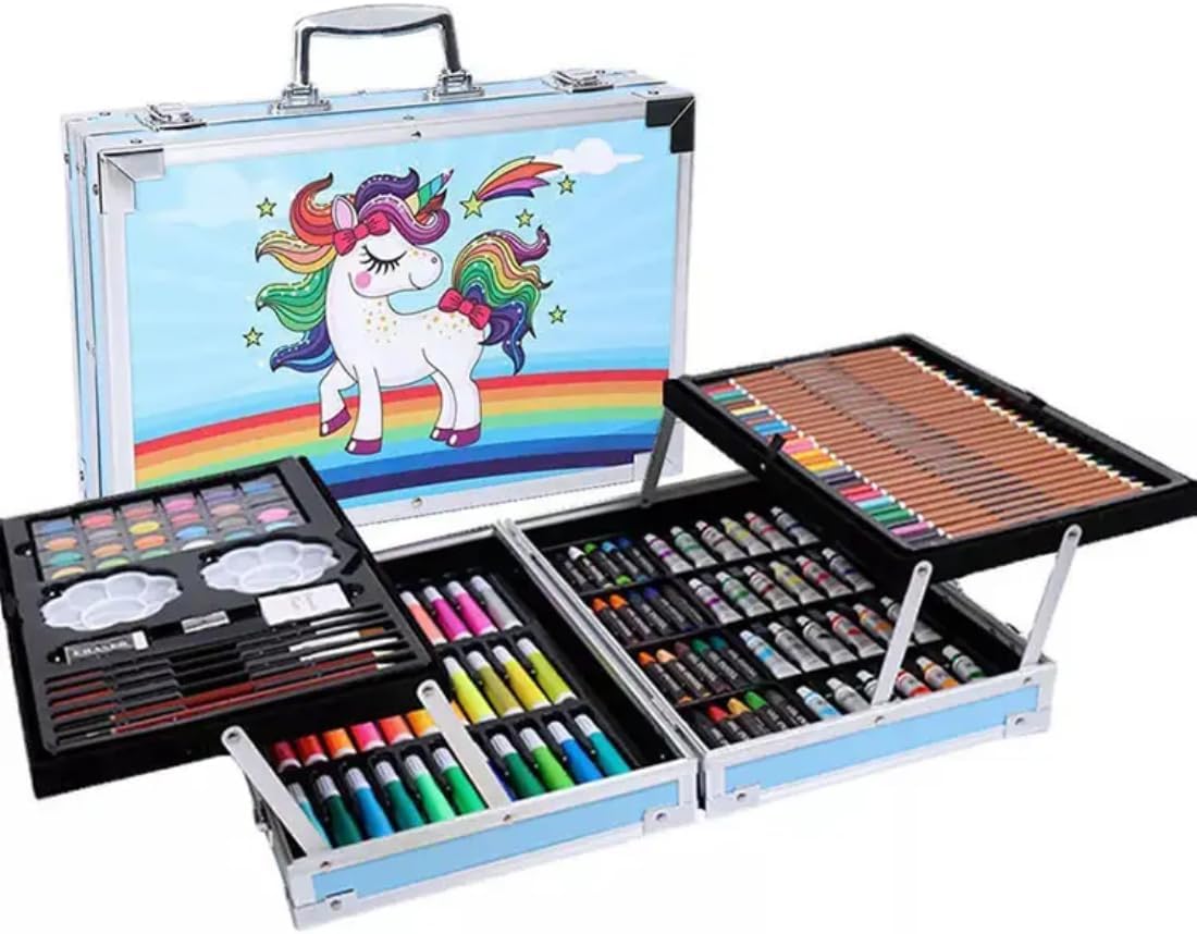 مجموعة أدوات رسم للأطفال – 145 قطعة بطبقتين مع حقيبة ألومنيوم